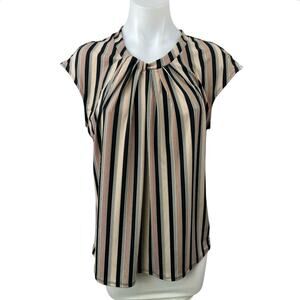 Liz Claiborne Striped Pleated Short Cap Sleeve Career Shirt Blouse Top Size M
